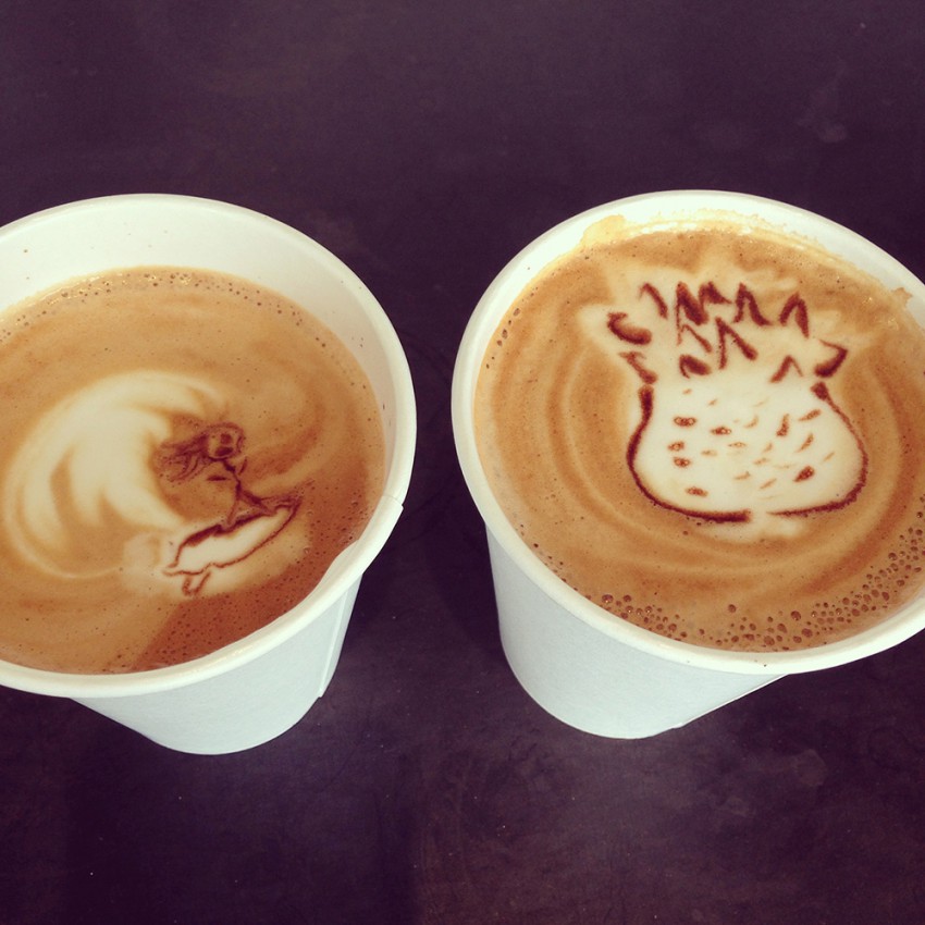 Our local coffee shop baristas (two women from Hawaii) made us welcome back from Hawaii cappucinos #sf #aloha
